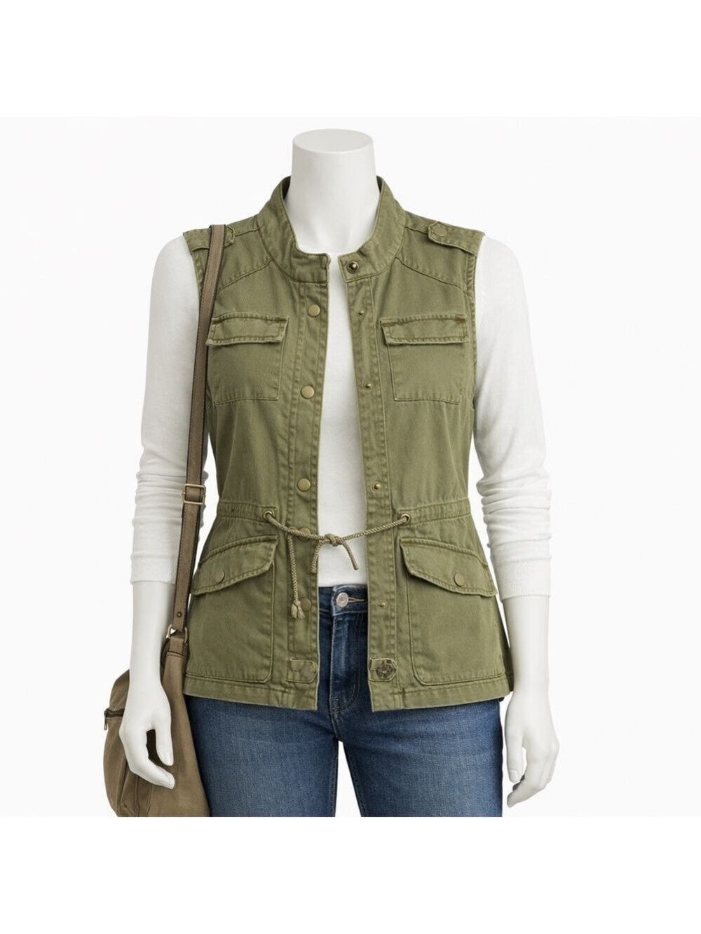Per Se Olive Green Utility Cotton Vest Zip Snap Pockets Drawstring Waist XS